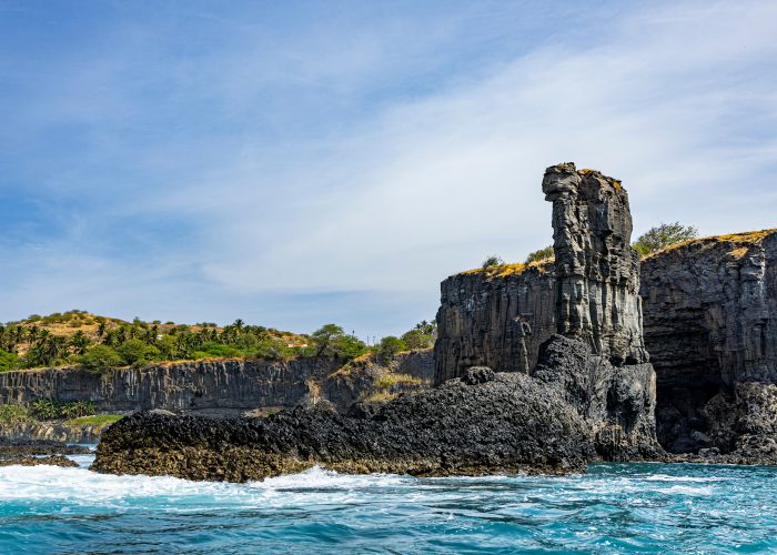 Ribeira da Barca, Pilon of Achada Leite, Aguas Belas Lagoon, Santiago Island, Cape Verde big rock in the sea