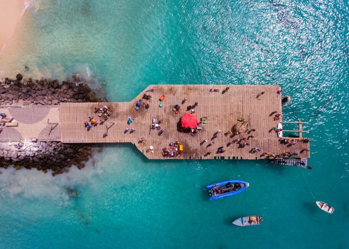 Santa Maria Beach Bay Aerial Drone landscapes footage in Sal Island Cabo Verde