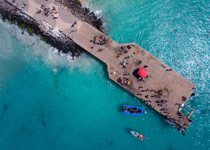 Santa Maria Beach Bay Aerial Drone landscapes footage in Sal Island Cabo Verde