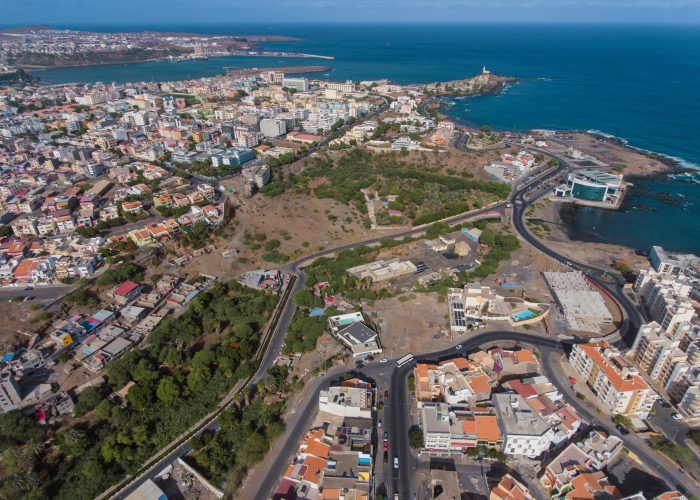 Aerial photos of Praia, the capital city of Santiago Island, Cabo Verde, reveal a bustling metropolis with a vibrant culture, stunning architecture, and breathtaking views of the Atlantic Ocean.